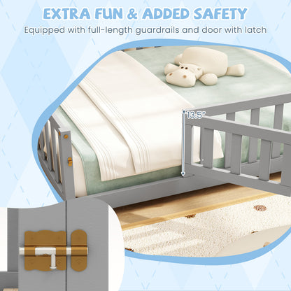 Montessori Bed Frame with Full-length Guardrails Safety Door and Latch