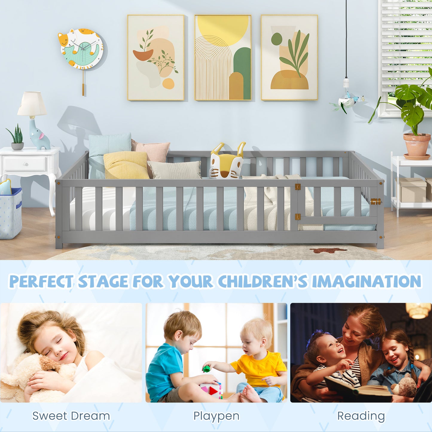 Montessori Bed Frame with Full-length Guardrails Safety Door and Latch