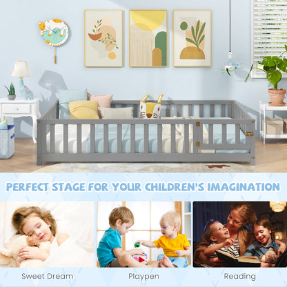 Montessori Bed Frame with Full-length Guardrails Safety Door and Latch