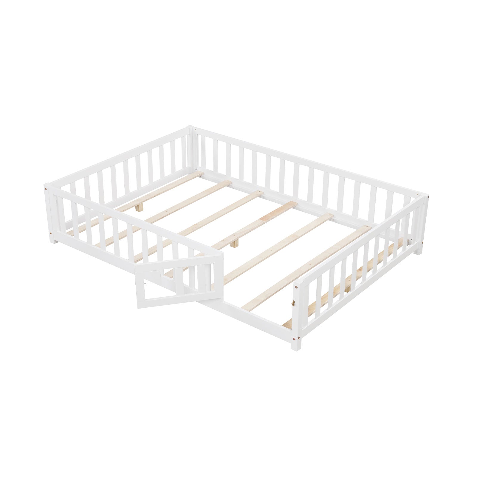Montessori Bed Frame with Full-length Guardrails Safety Door and Latch-White - White