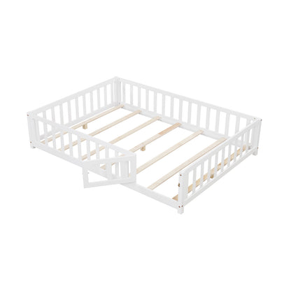 Montessori Bed Frame with Full-length Guardrails Safety Door and Latch-White - White