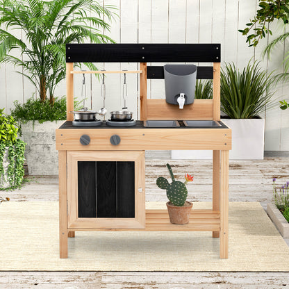 Mud Kitchen Playset Kids Play Kitchen Outdoor with 2 Removable Sinks-Natural