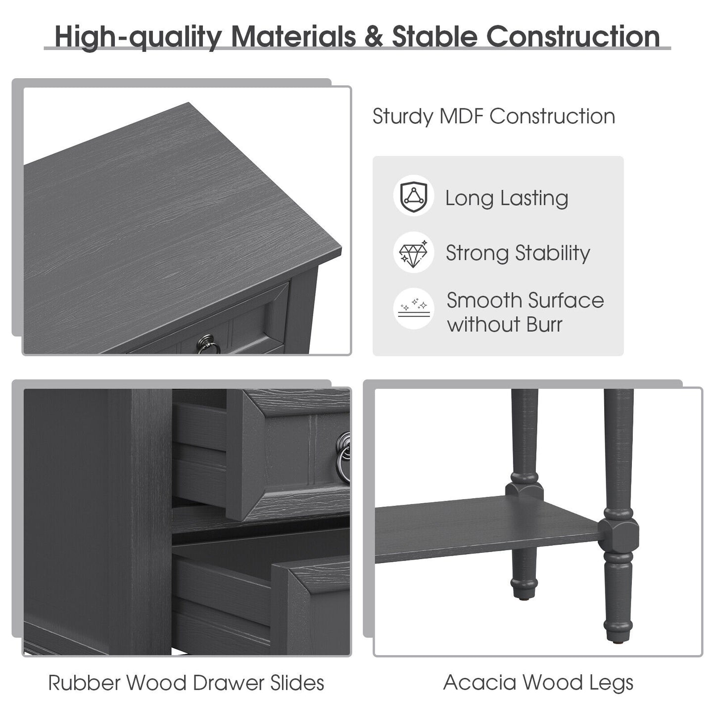 Narrow Console Table with 3 Storage Drawers and Open Bottom Shelf-Gray