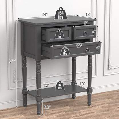 Narrow Console Table with 3 Storage Drawers and Open Bottom Shelf-Gray