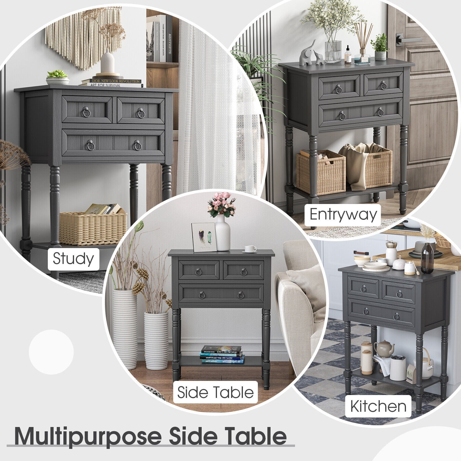 Narrow Console Table with 3 Storage Drawers and Open Bottom Shelf-Gray