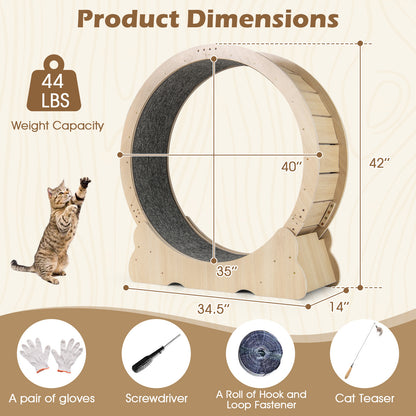 40 Inch Large Cat Exercise Wheel with Lockable Mechanism and Carpeted Runaway for Indoor Cats-Natural