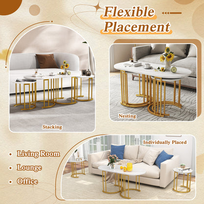 Nesting Coffee Table Set of 3 with Faux Marble Tabletop and Powder-coated Gold Metal Frame-White