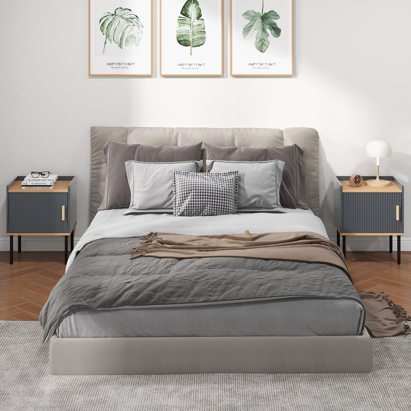 Nightstand Bedside End Table with Door Cabinet for Living Room Bedroom-Gray