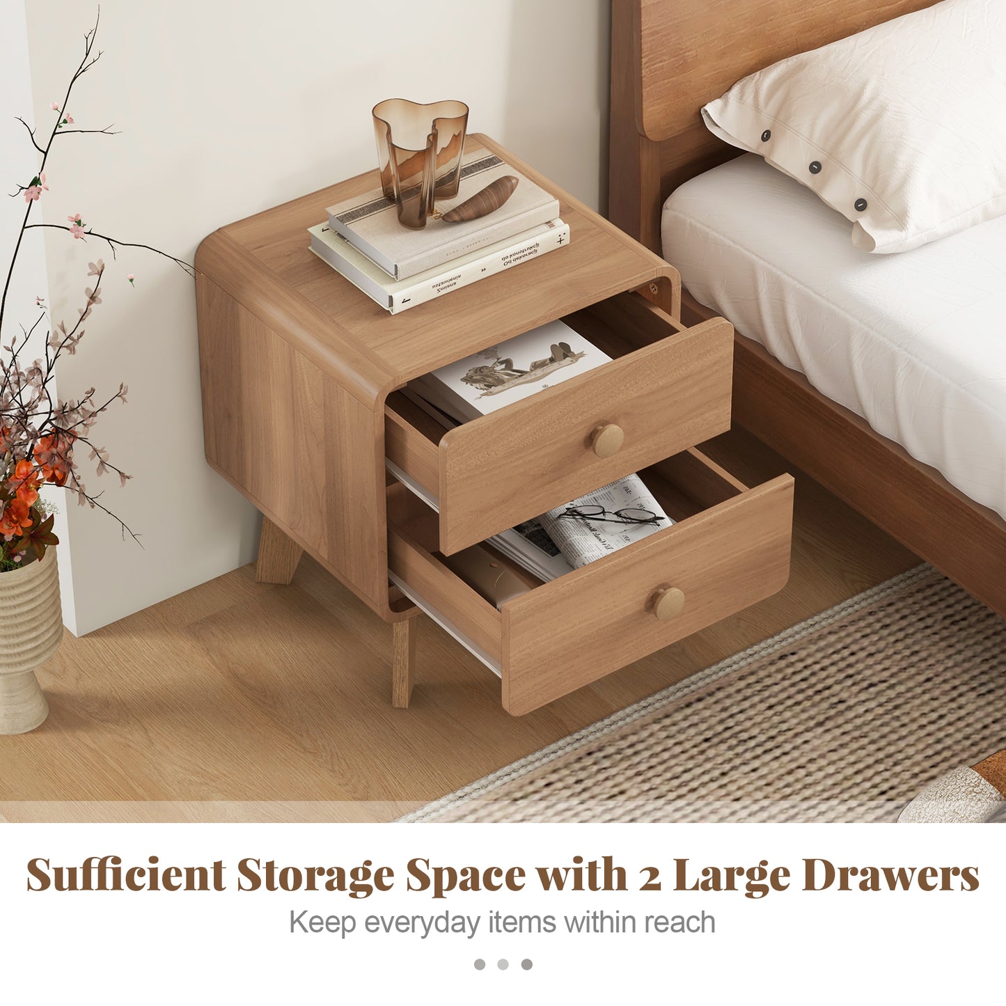 Nightstand with 2 Drawers Solid Rubber Wood Legs-Brown