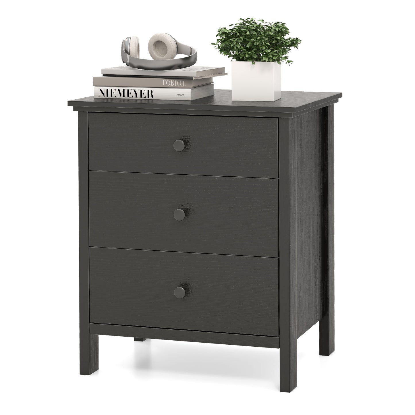 3-Drawer Wooden Nightstand Modern Bedside Table-Black - Black