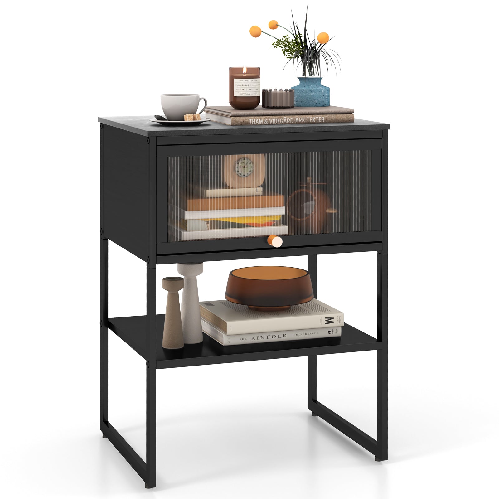 Nightstand with Flip up Door Storage Shelf-Black - Black