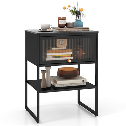 Nightstand with Flip up Door Storage Shelf-Black - Black