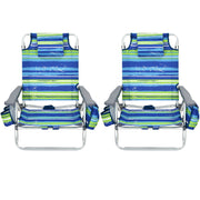 2-Pack Folding Backpack Beach Chair 5-Position Outdoor Reclining Chairs with Pillow-Blue