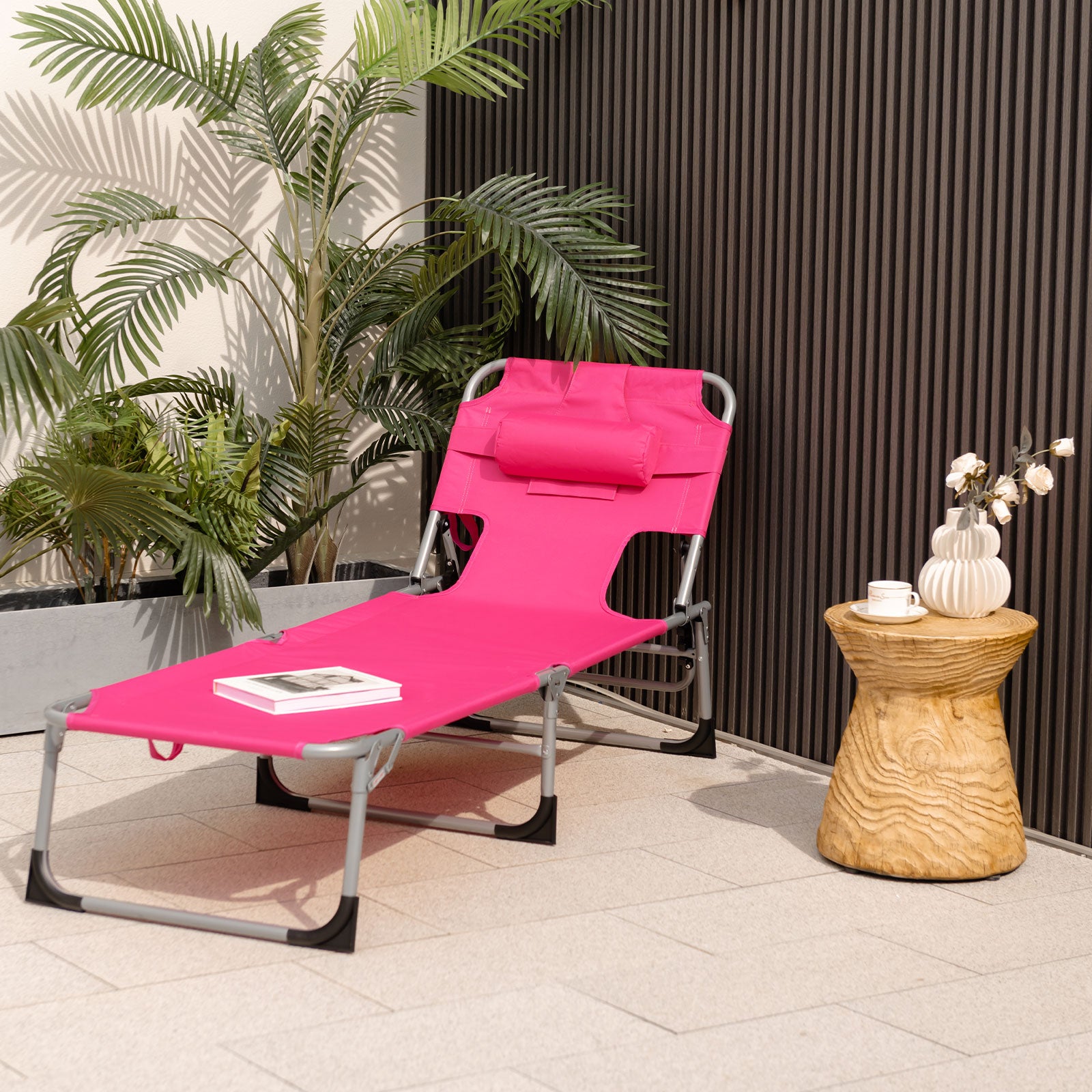 Folding Beach Lounge Chair with Pillow for Outdoor-Pink