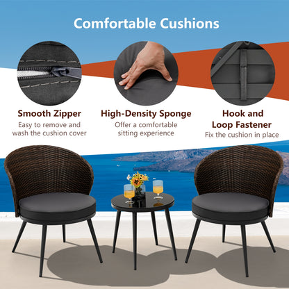3 Pieces Patio Rattan Bistro Set with 2 Seat Cushions and Tempered Glass Tabletop-Brown