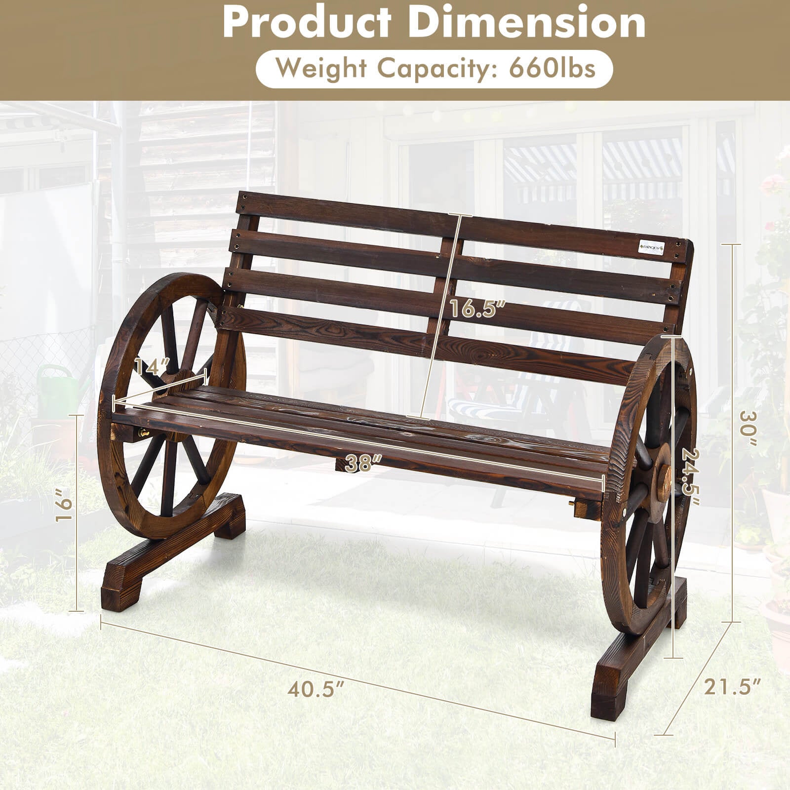 2-Person Outdoor Wooden Wagon Wheel Garden Bench-Brown