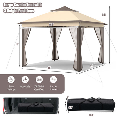 2-Tier Pop-Up Gazebo Tent Portable Canopy Shelter Carry Bag Mesh-Brown