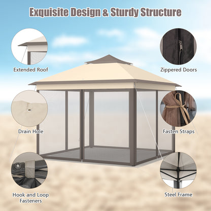 2-Tier Pop-Up Gazebo Tent Portable Canopy Shelter Carry Bag Mesh-Brown