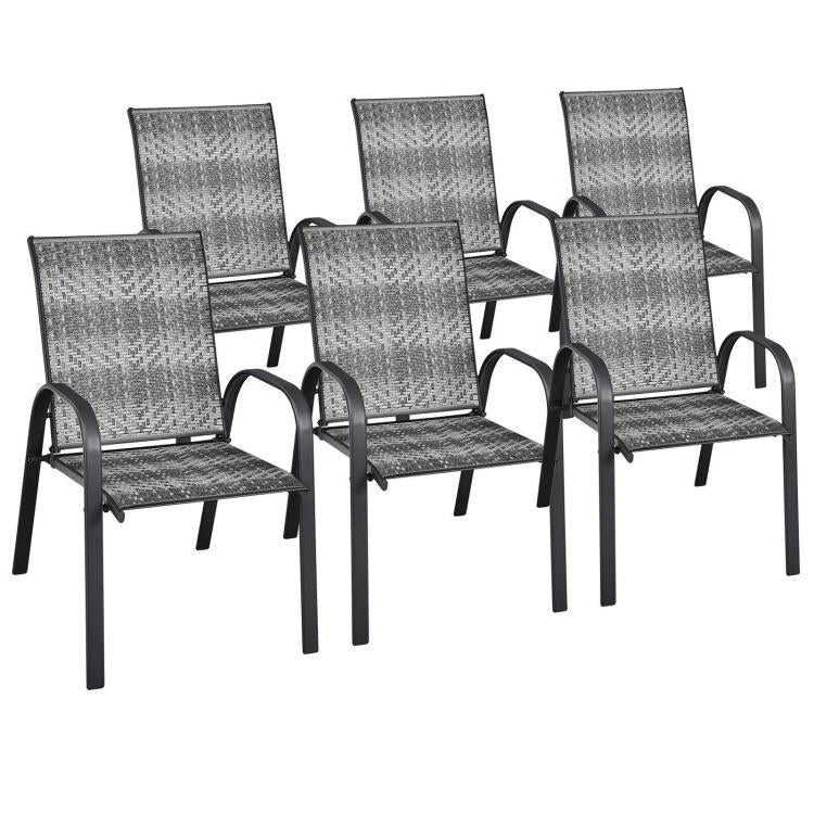 Set of 6 Outdoor PE Wicker Stackable Chairs with Sturdy Steel Frame-Gray - Gray