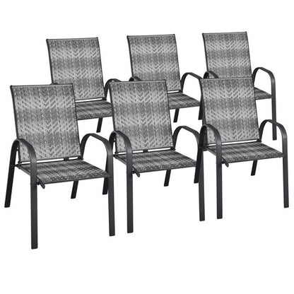Set of 6 Outdoor PE Wicker Stackable Chairs with Sturdy Steel Frame-Gray - Gray