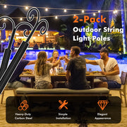 String Light Poles 2 Pack Outdoor Metal Poles with Top Arc Hook and 5-Prong Base-8 ft - 8 Ft