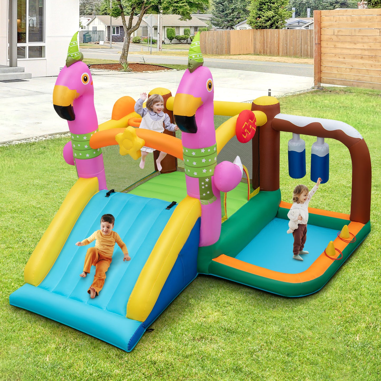 7-in-1 Flamingo Inflatable Bounce House with Slide without Blower