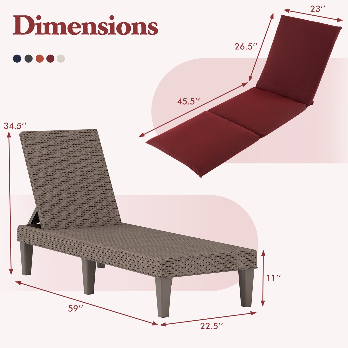 Patio Lounge Outdoor Recliner Chair with Cushion 3-Position Adjustable Backrest-Gray - Red