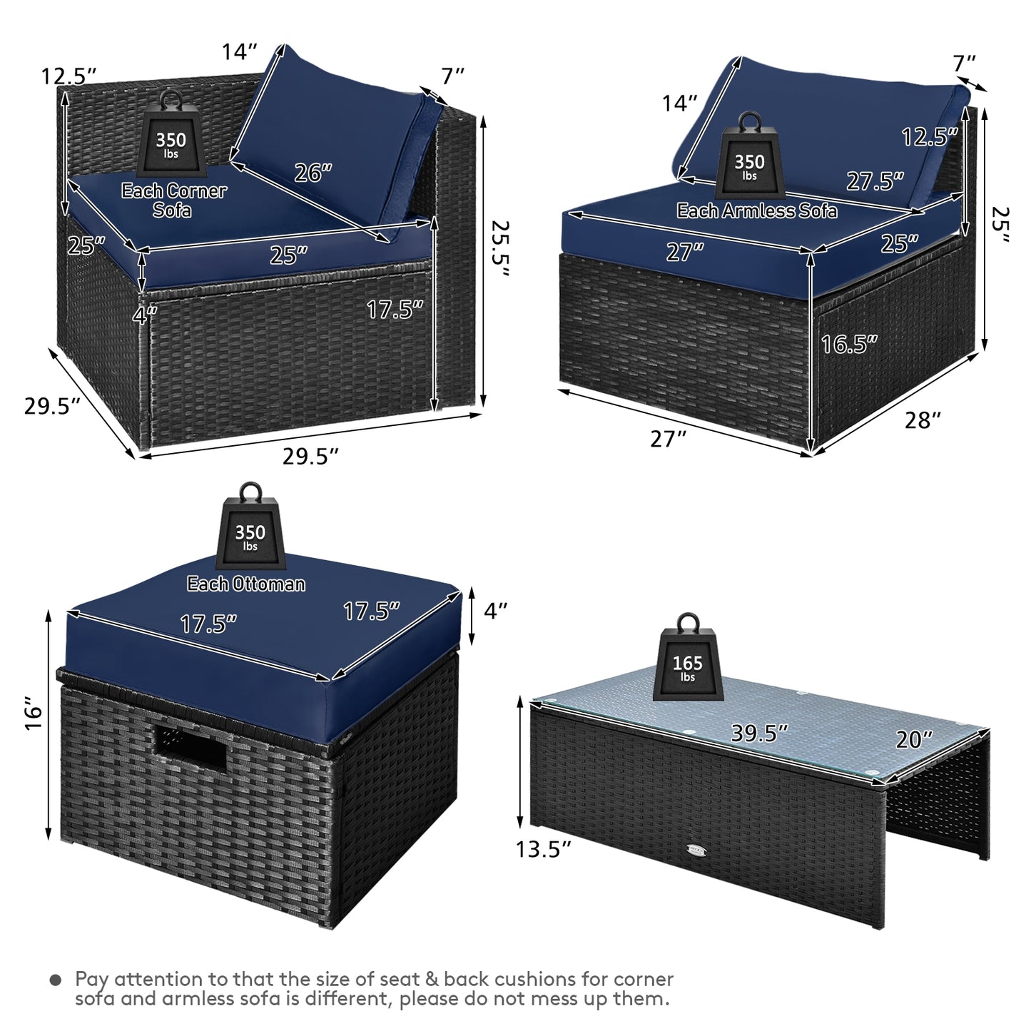 8 Pieces Patio Rattan Storage Table Furniture Set-Navy - Navy