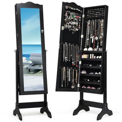 Mirrored Lockable Jewelry Cabinet Armoire Organizer Storage Box-Black - Black