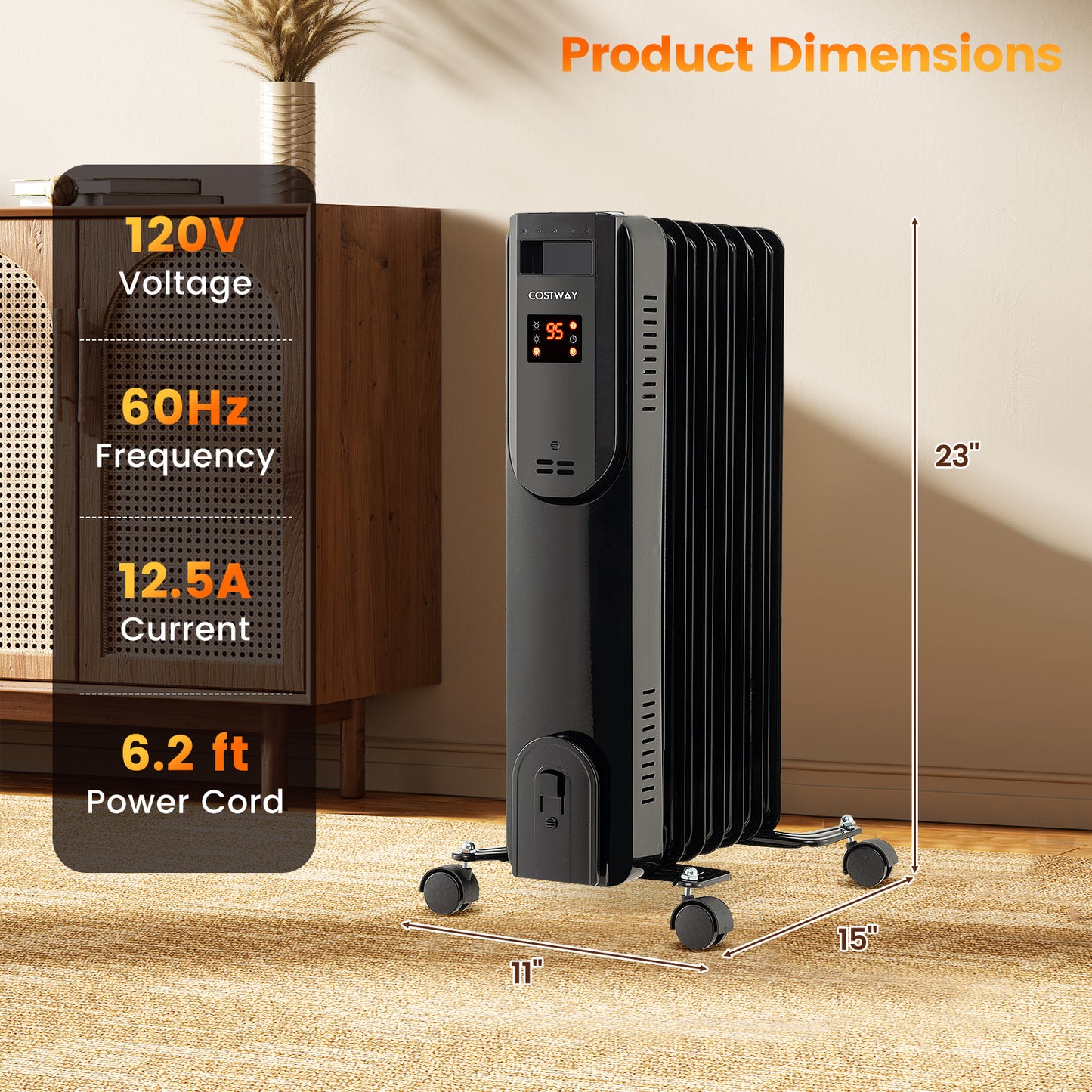 Oil Filled Radiator Heater with Adjustable Thermostat-Black