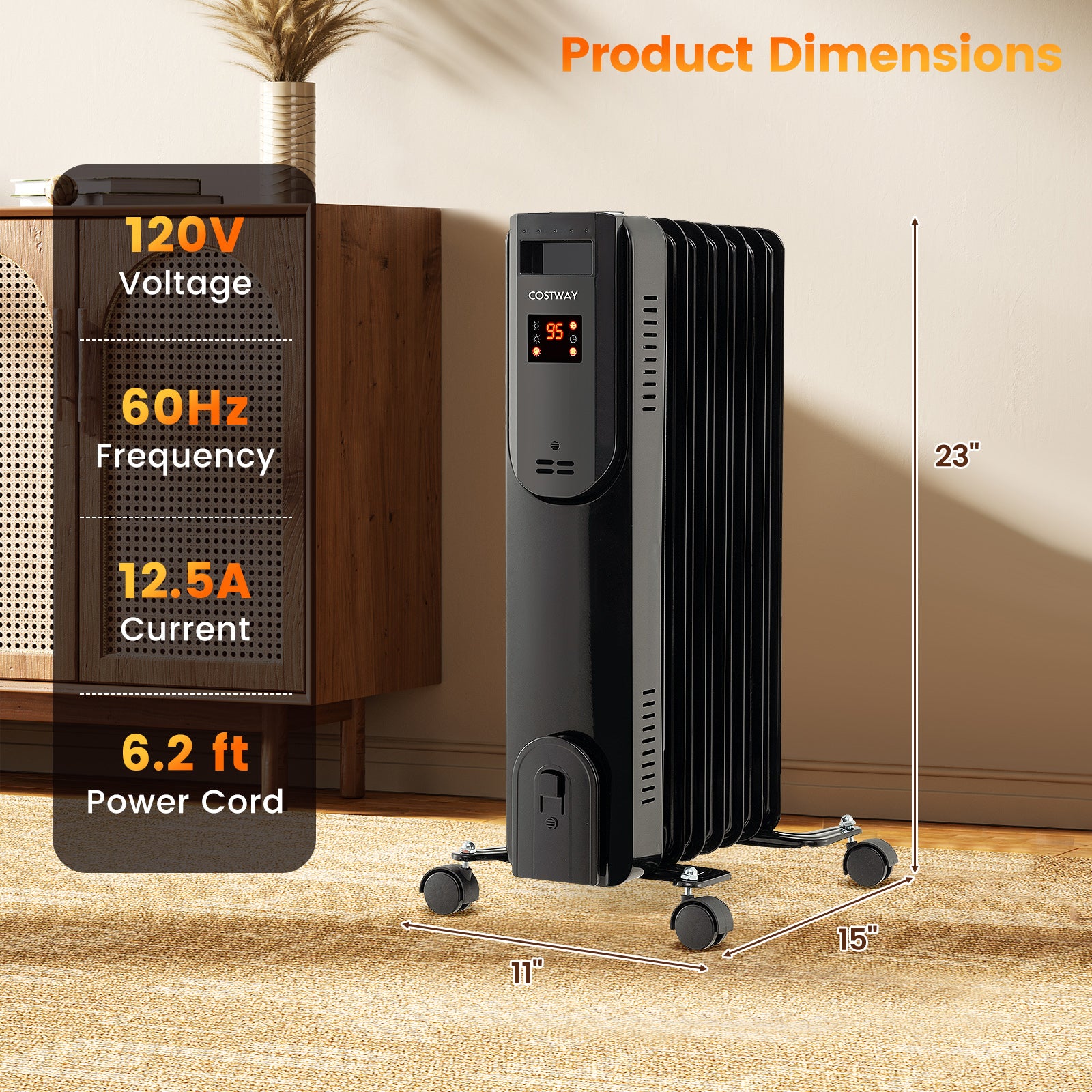 Oil Filled Radiator Heater with Adjustable Thermostat-Black