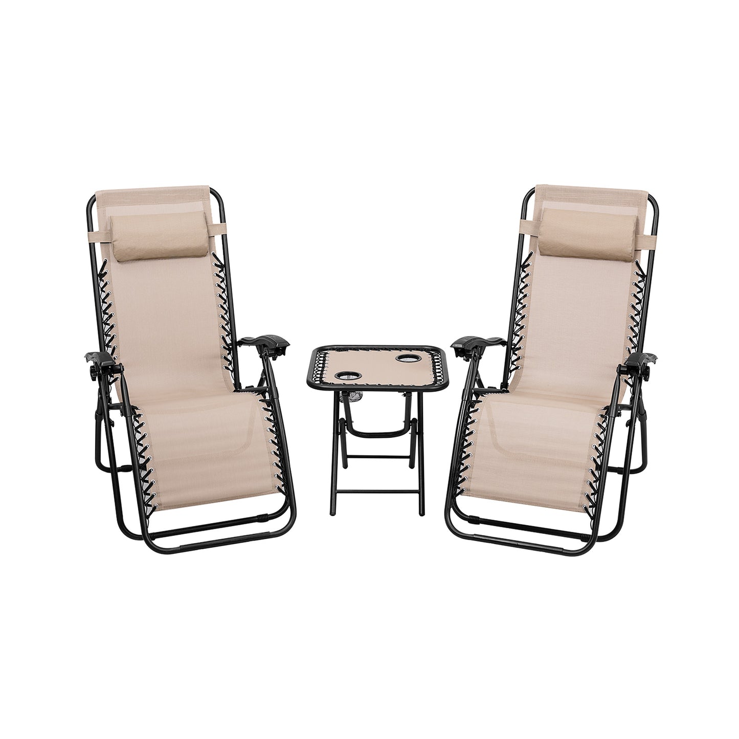 3 Pieces Folding Portable Zero Gravity Reclining Lounge Chairs Table Set-Black - Beige