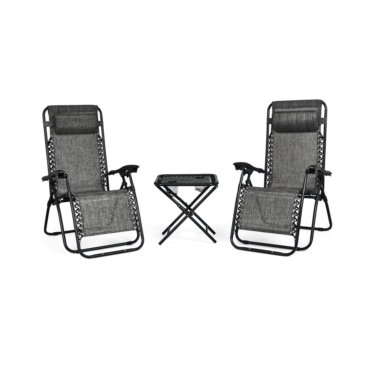 3 Pieces Folding Portable Zero Gravity Reclining Lounge Chairs Table Set-Black - Gray