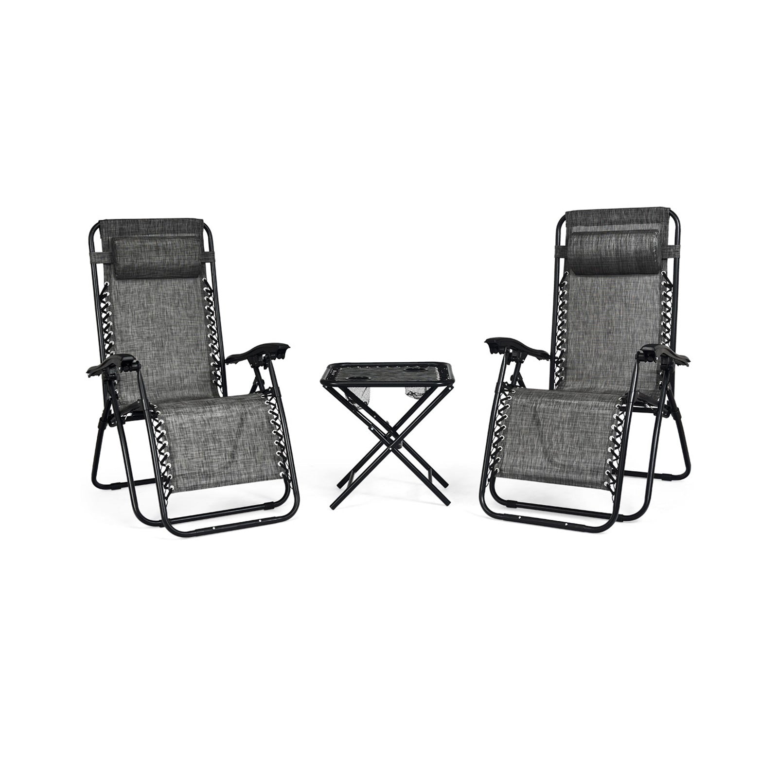 3 Pieces Folding Portable Zero Gravity Reclining Lounge Chairs Table Set-Black - Gray