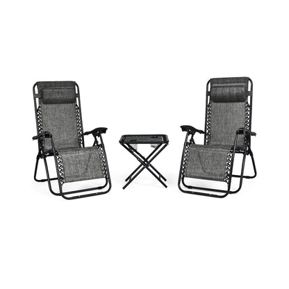 3 Pieces Folding Portable Zero Gravity Reclining Lounge Chairs Table Set-Black - Gray