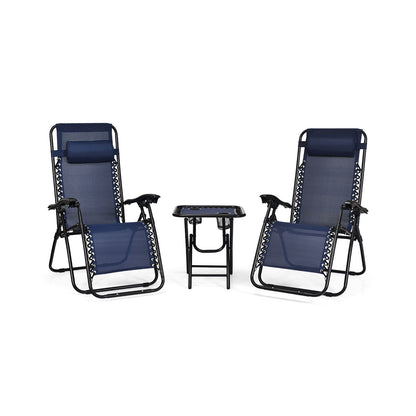 3 Pieces Folding Portable Zero Gravity Reclining Lounge Chairs Table Set-Black - Navy