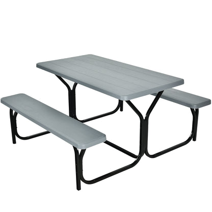 HDPE Outdoor Picnic Table Bench Set with Metal Base-Coffee - Gray