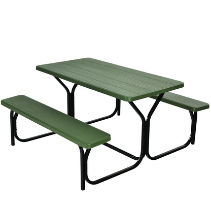 HDPE Outdoor Picnic Table Bench Set with Metal Base-Coffee - Green
