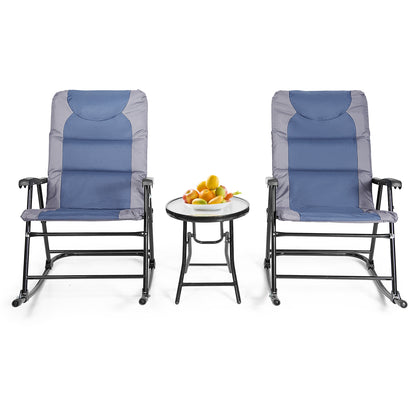 3 Pcs Outdoor Folding Rocking Chair Table Set with Cushion-Blue - Blue