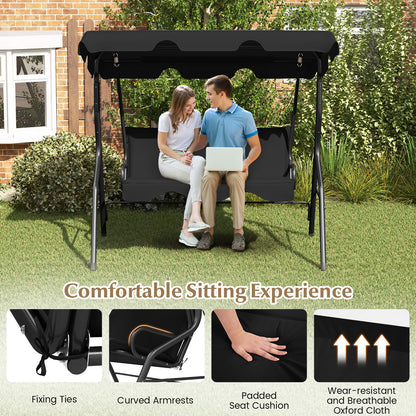 3 Seat Outdoor Patio Canopy Swing with Cushioned Steel Frame-Blue
