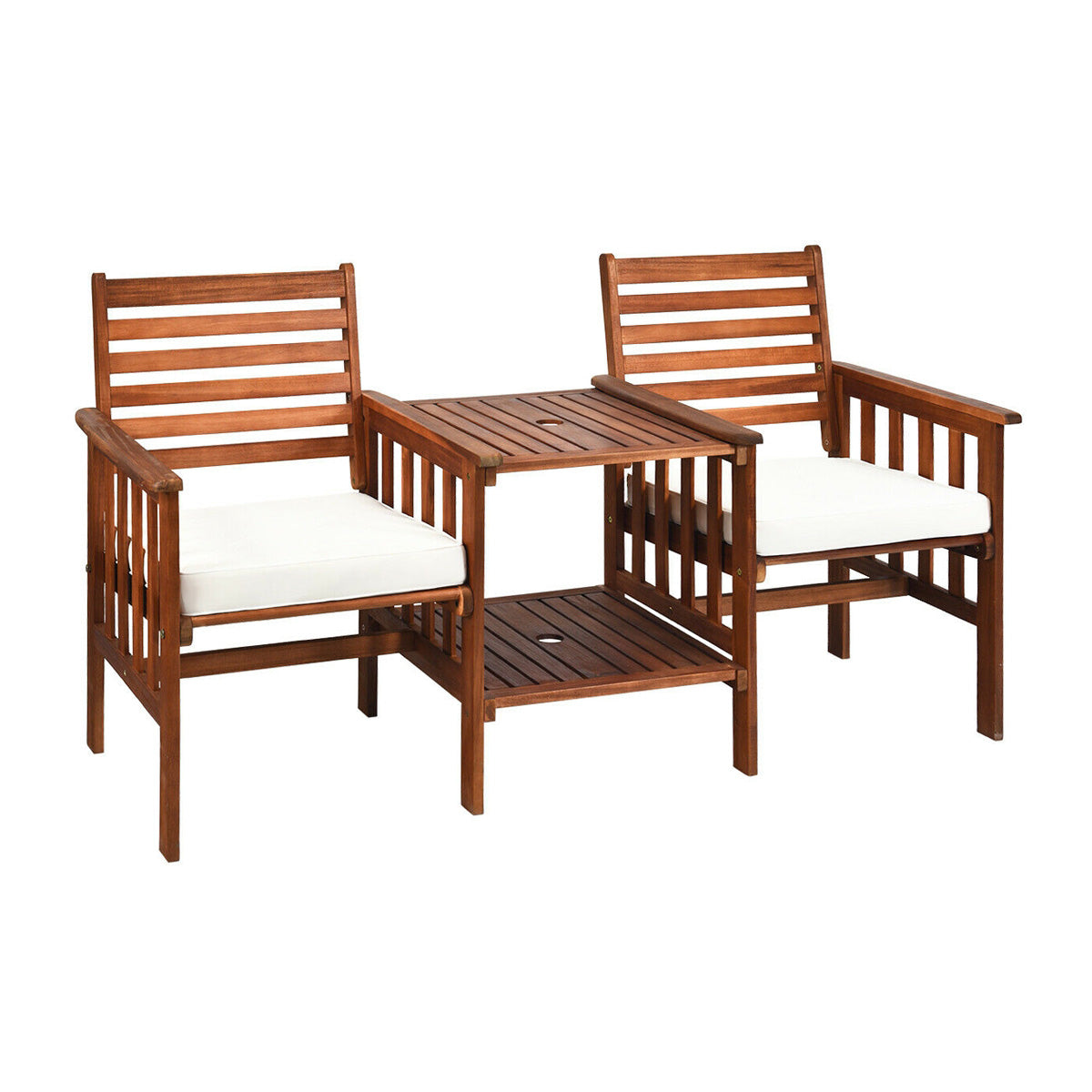 3 pcs Outdoor Patio Table Chairs Set Acacia Wood Loveseat-White - White