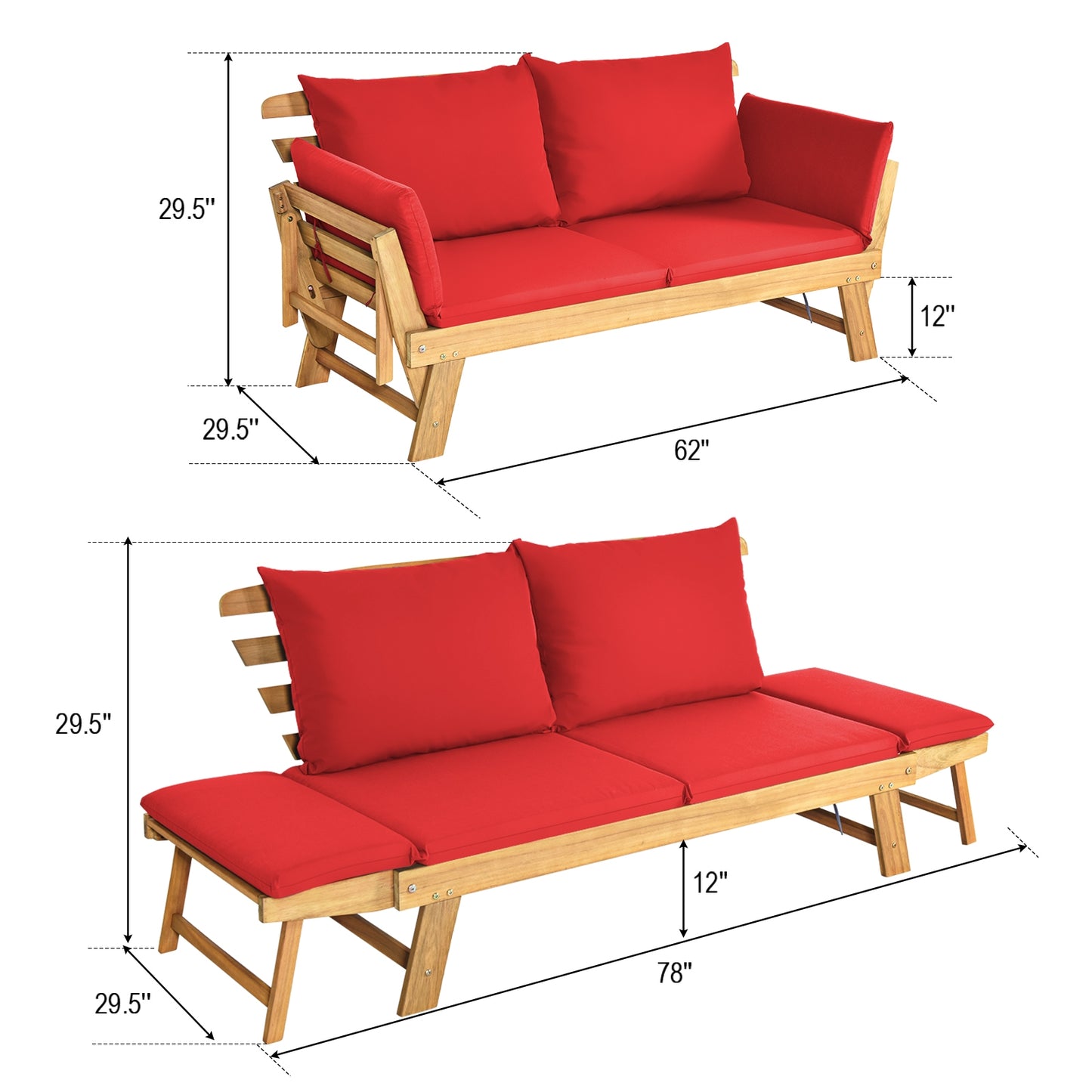 Adjustable Patio Convertible Sofa with Thick Cushion -Red