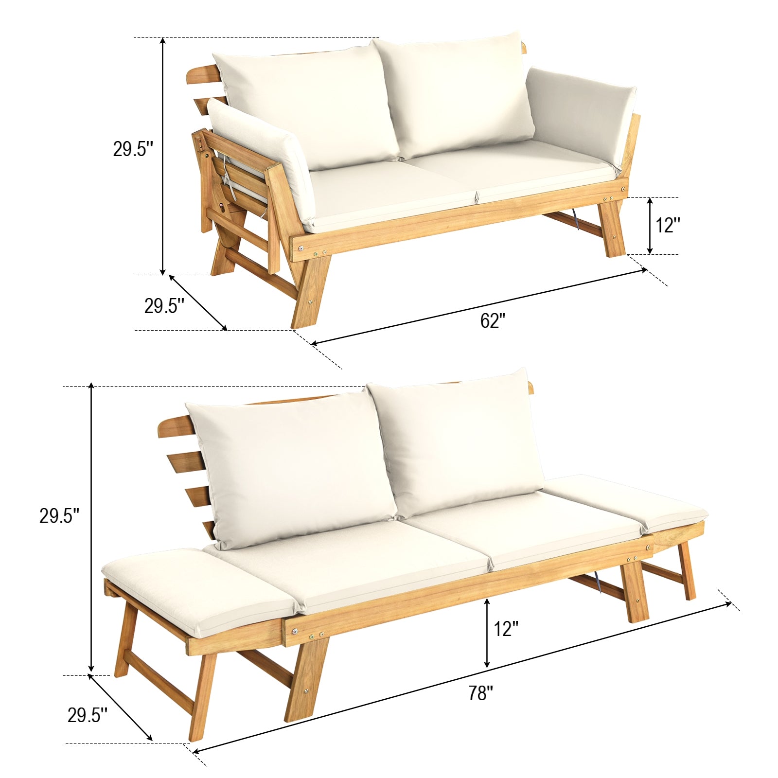 Adjustable Patio Convertible Sofa with Thick Cushion-White
