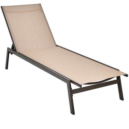 Outdoor Reclining Chaise Lounge Chair with 6-Position Adjustable Back-Black - Brown
