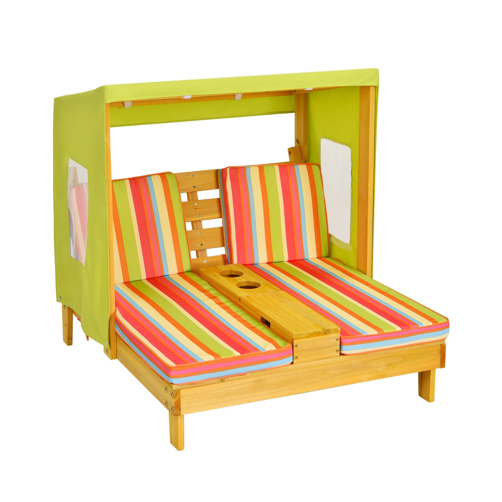 Kids Patio Lounge Chair with Cup Holders and Awning-Brown - Multicolor