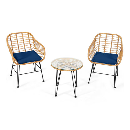 3 Pieces Rattan Furniture Set with Cushioned Chair Table-Black - Navy