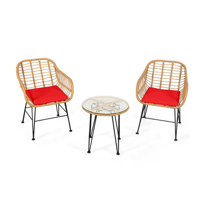 3 Pieces Rattan Furniture Set with Cushioned Chair Table-Black - Red