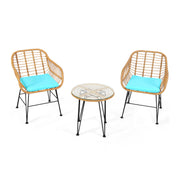3 Pieces Rattan Furniture Set with Cushioned Chair Table-Turquoise