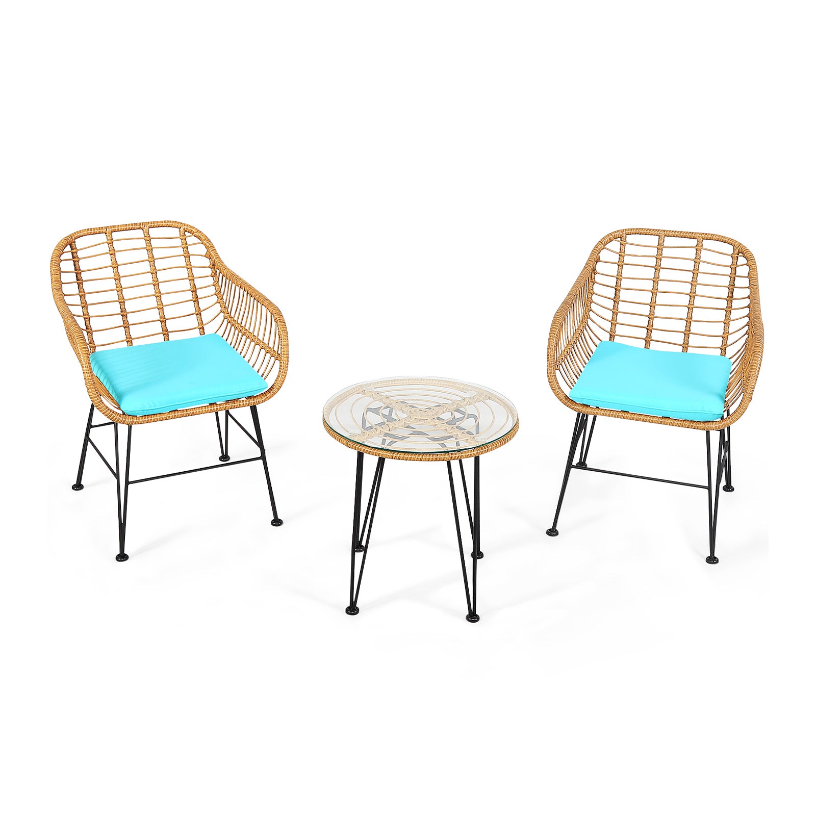 3 Pieces Rattan Furniture Set with Cushioned Chair Table-Black - Turquoise