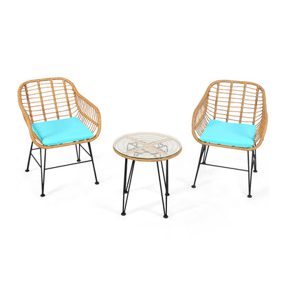 3 Pieces Rattan Furniture Set with Cushioned Chair Table-Black - Turquoise